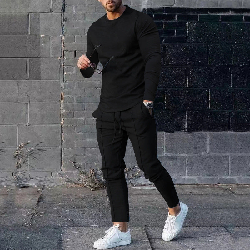 Spring Round Neck Long Sleeve T-shirt Trousers Solid Color Men's Two-piece Suit