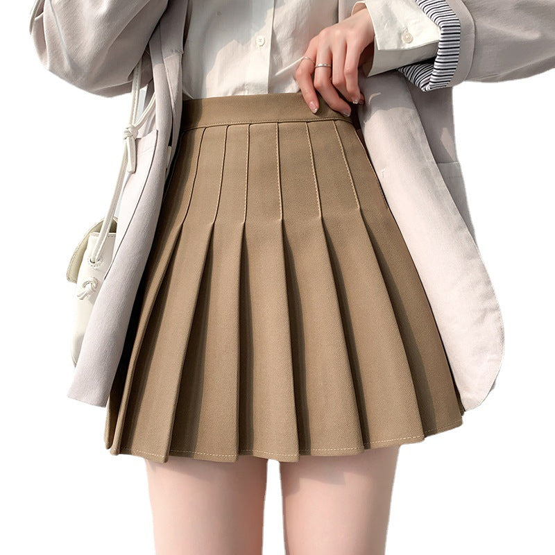 Womens Solid-Color Korean-Style High-Waisted Pleated Skirt