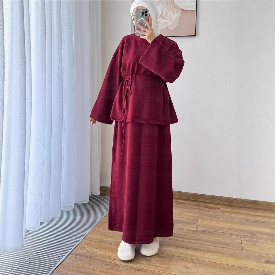 Stylish Casual Crew-neck Long-sleeve Tie-front A-line Dress In Hong Kong Style