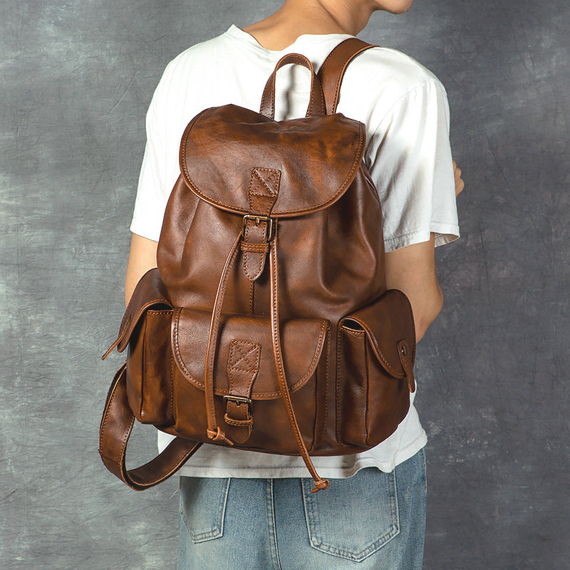 Genuine Leather Retro Backpack, Casual Soft Leather Bag, Hiking Backpack