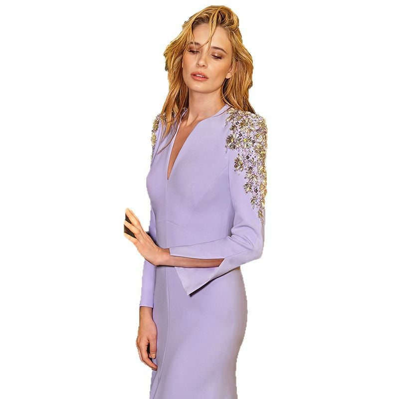 Heavy Industry Beads Diamond Front Slit Small Trailing Dress