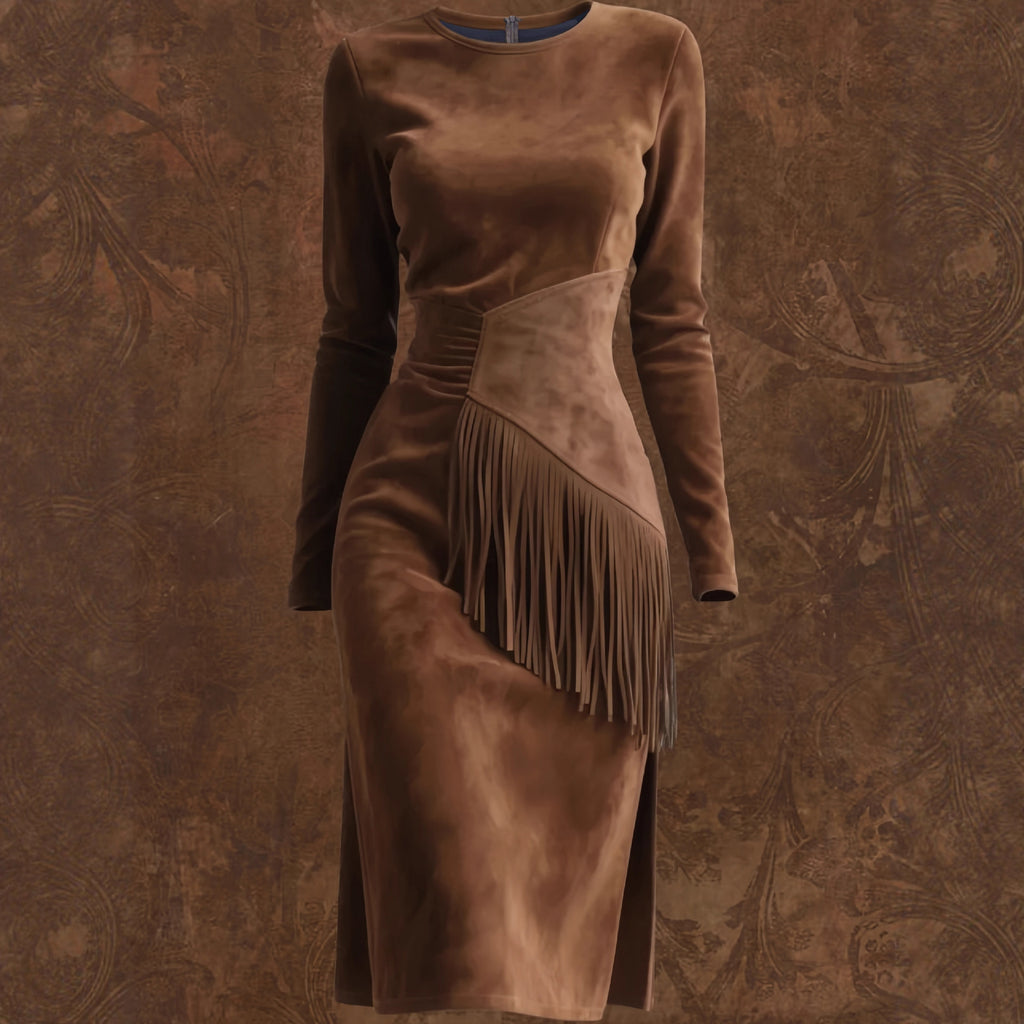 Women's Retro Western Crew-Neck Long-Sleeve Fringed Suede Velvet Dress