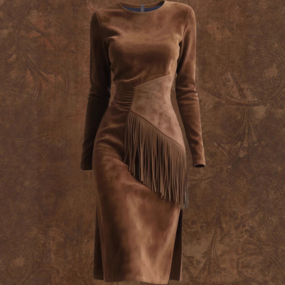 Women's Retro Western Crew-Neck Long-Sleeve Fringed Suede Velvet Dress