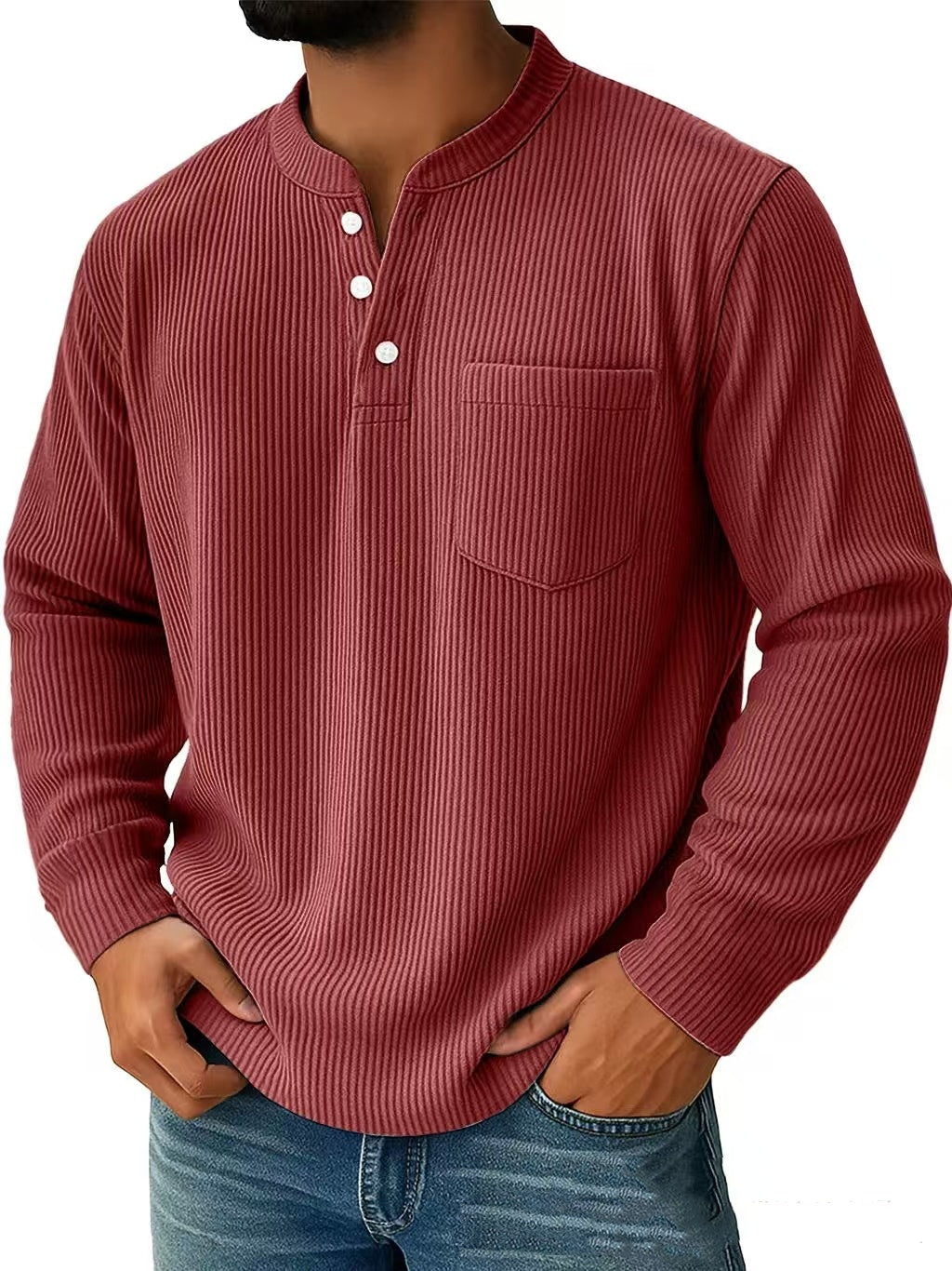 Corduroy Three-button Henry Collar Long-sleeved Shirt Polo Shirt