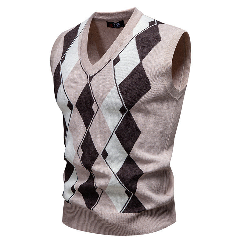 Mens Fashion Jacquard Knitted Sweater V-Neck Pullover Vest
