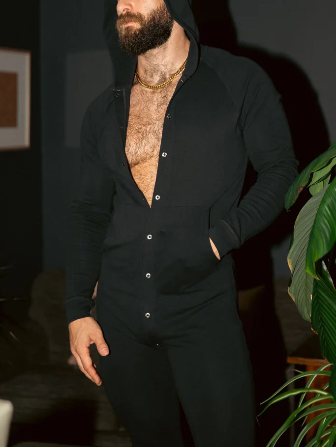 Black Hooded Button - Front Jumpsuit