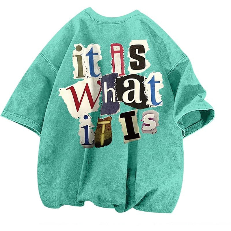 Mens Letter-Print Vintage Oversized T-Shirt