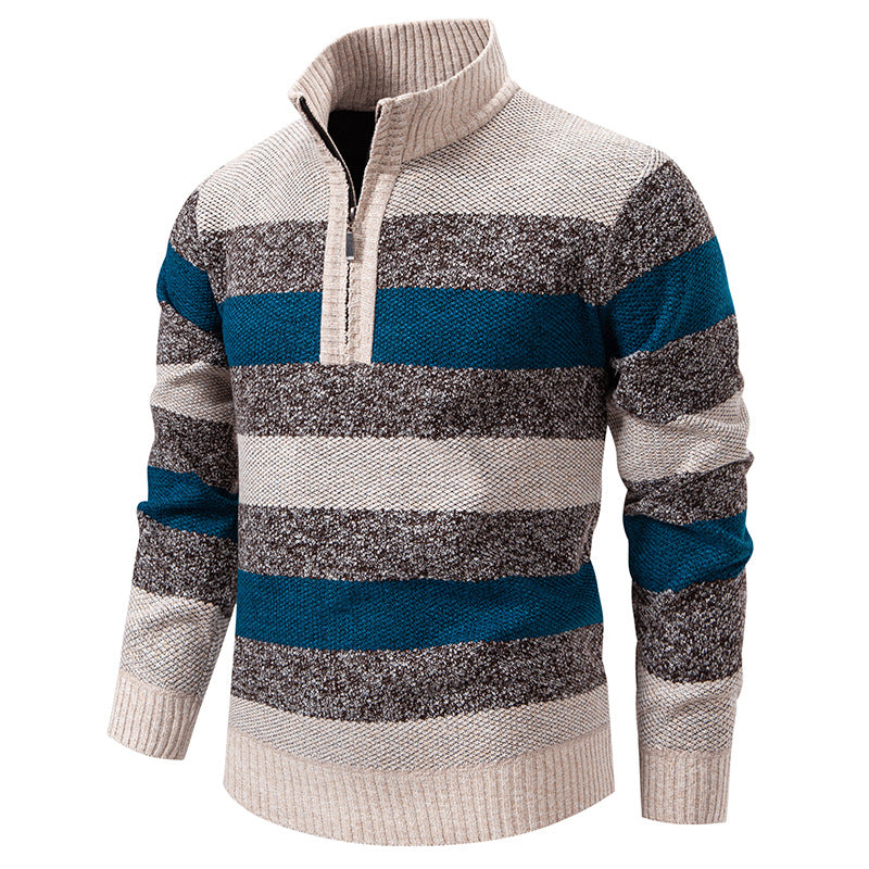 Mens Color-Block Stand-Up Collar Half-Zip Fleece-Lined Thermal Sweater