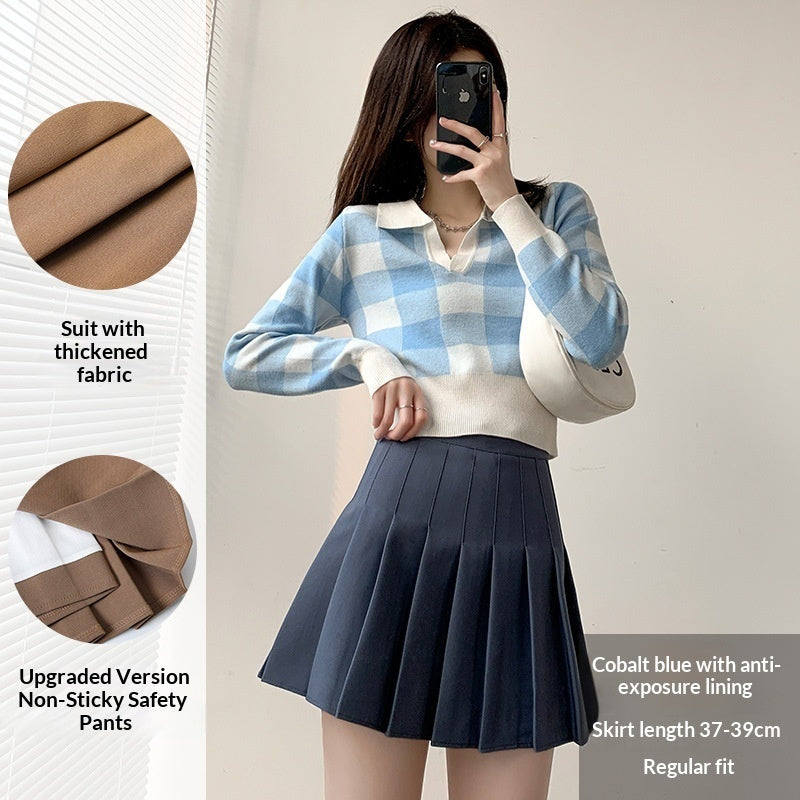 Womens Solid-Color Korean-Style High-Waisted Pleated Skirt