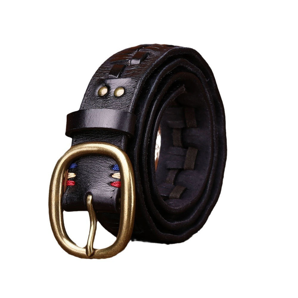 Men's Hand-woven First Layer Cow Leather Belt Personalized Punch-free Brass Buckle