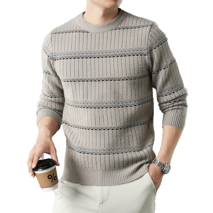 Mens Knitted Fleece-lined Thick Crew-neck Faux Mink Sweater