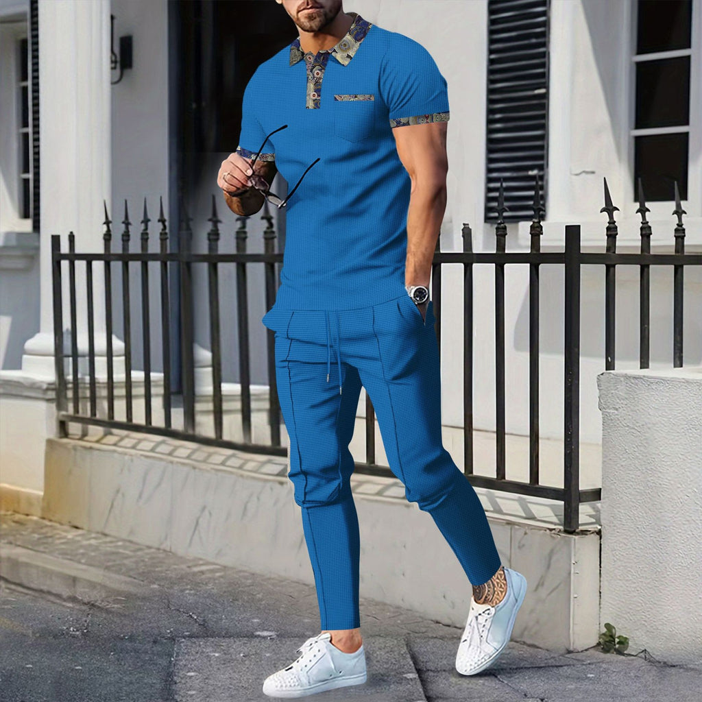 Men's Waffle Lapel Color Matching Pocket Short Sleeve Trousers Suit