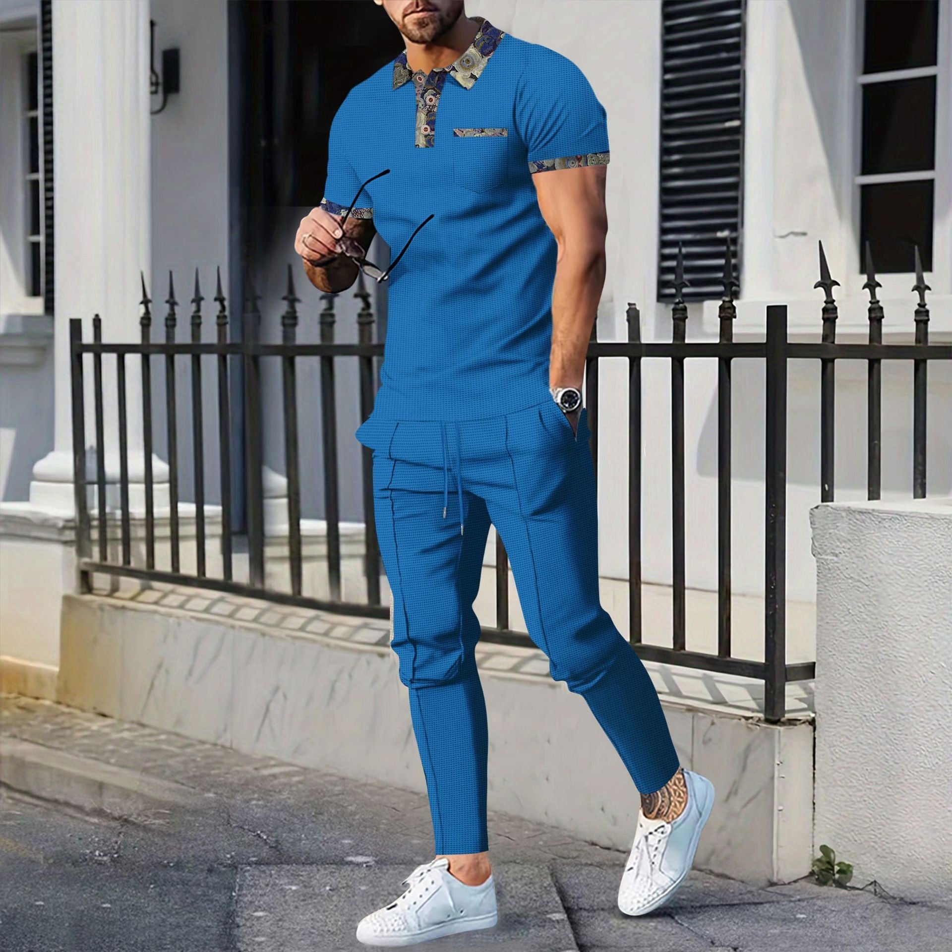 Men's Waffle Lapel Color Matching Pocket Short Sleeve Trousers Suit