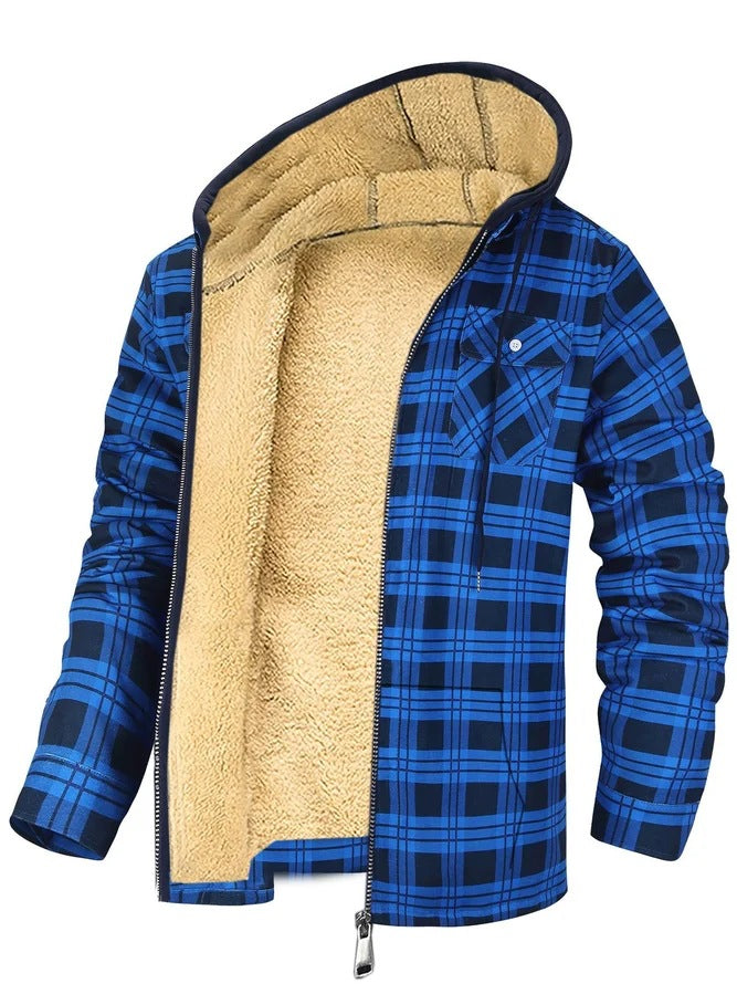 Thick Cotton Coat With Plaid Pattern Long Sleeves Loose Fit And Hood