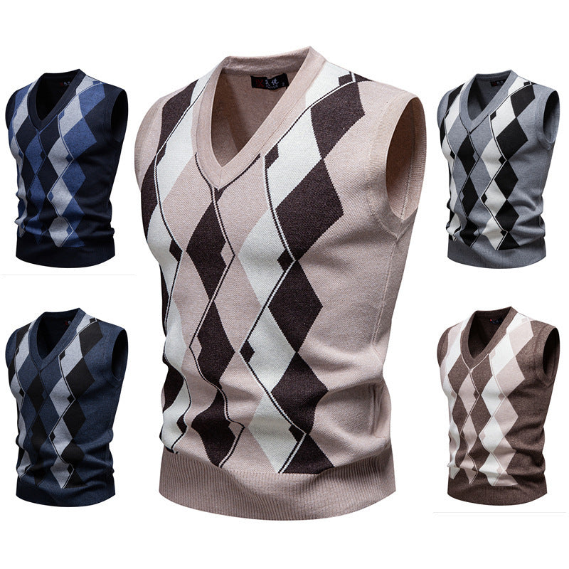 Mens Fashion Jacquard Knitted Sweater V-Neck Pullover Vest
