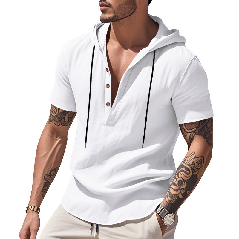 Breathable Linen Hooded Henley Shirt With Short Sleeves