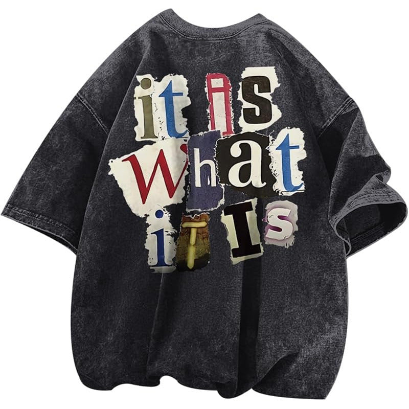 Mens Letter-Print Vintage Oversized T-Shirt