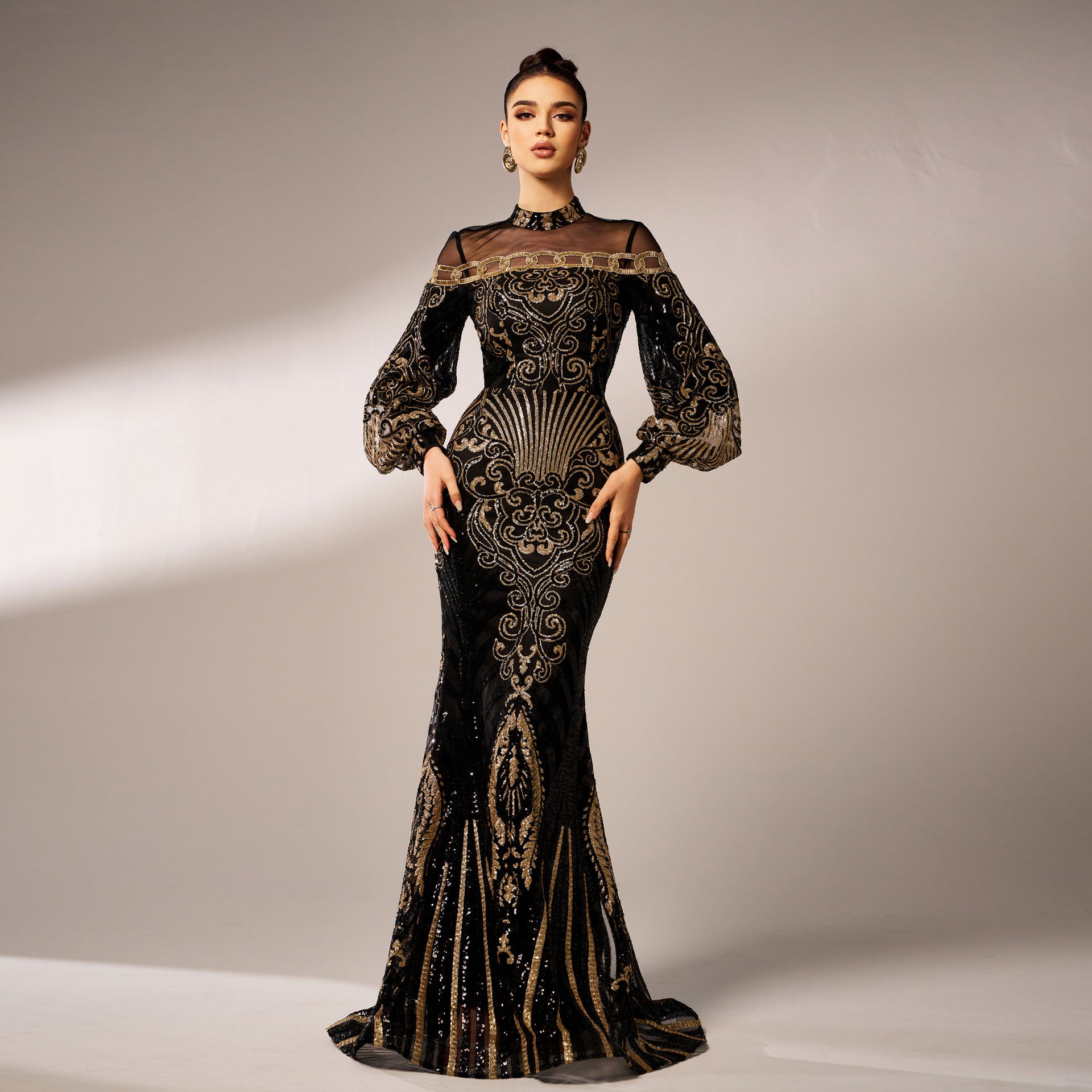 Long Sleeve Round Neck Sequins Mesh Fishtail Evening Dress