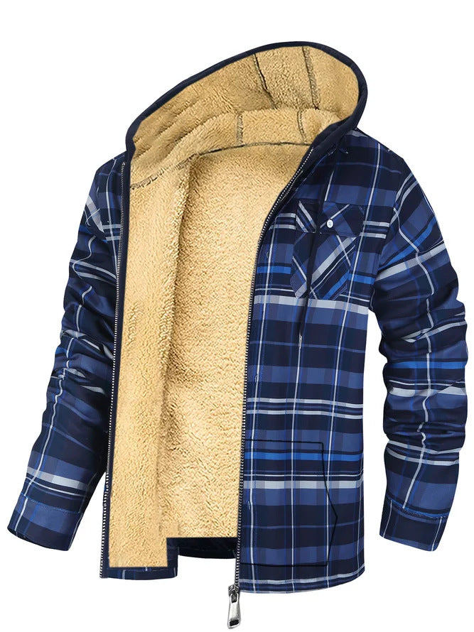 Thick Cotton Coat With Plaid Pattern Long Sleeves Loose Fit And Hood