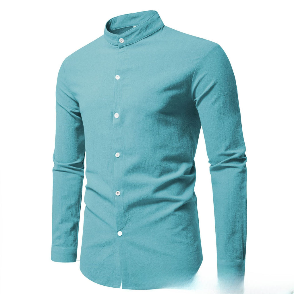 Men's Solid Color Stand-up Collar Cardigan Casual Cotton Long-sleeve Shirt