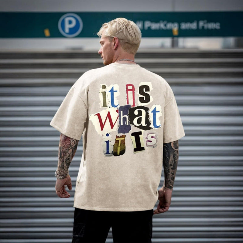 Mens Letter-Print Vintage Oversized T-Shirt