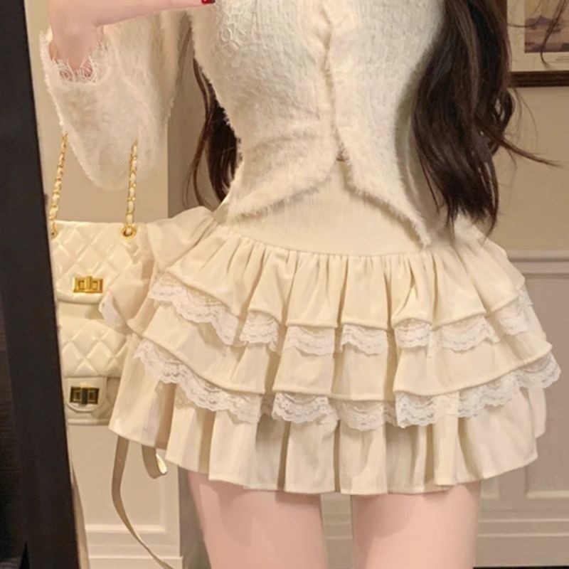 Womens Solid-Color High-Waisted Fluffy A-Line Skirt