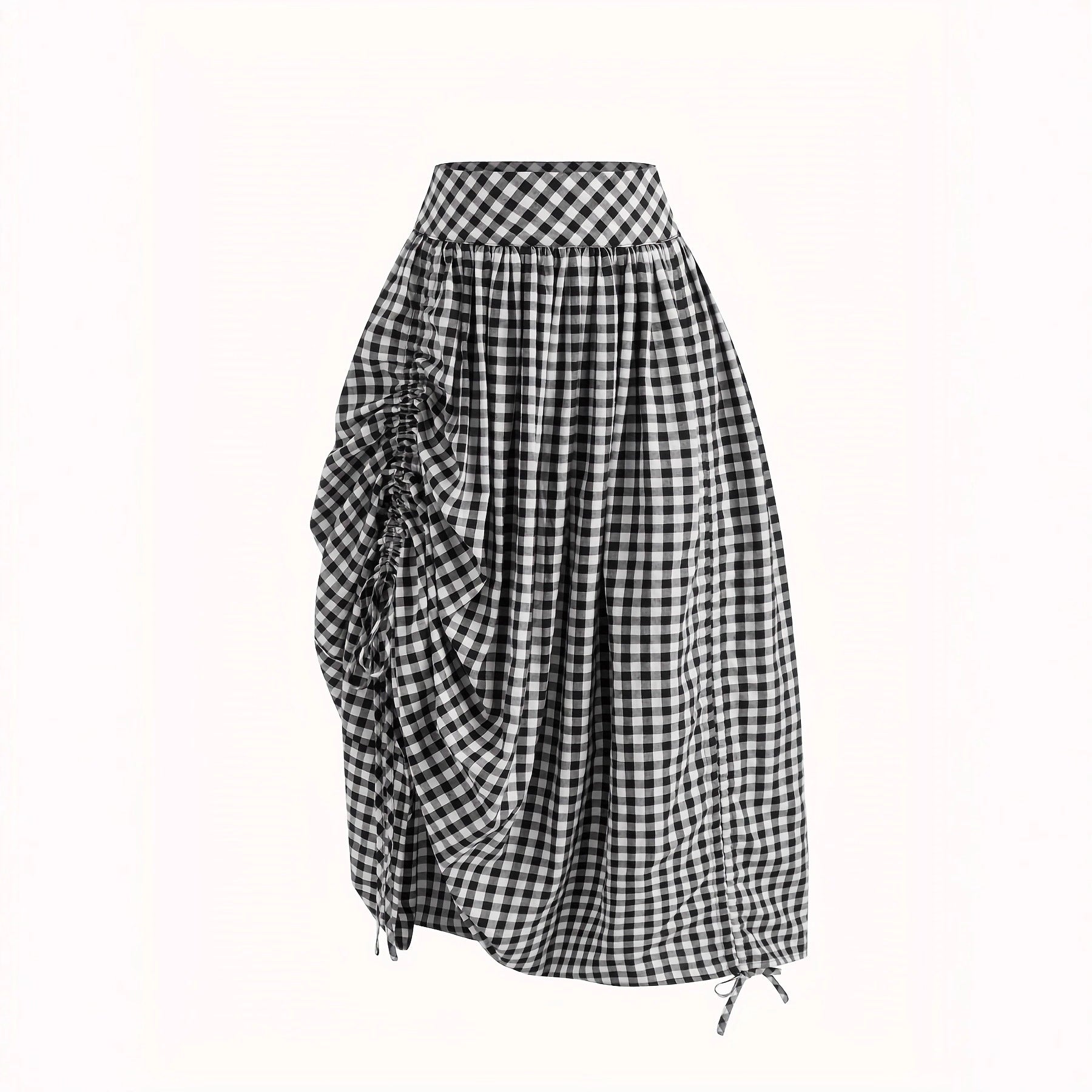 New Stylish Retro Black-and-white Plaid High-waisted Pleated Skirt With A Drawstring