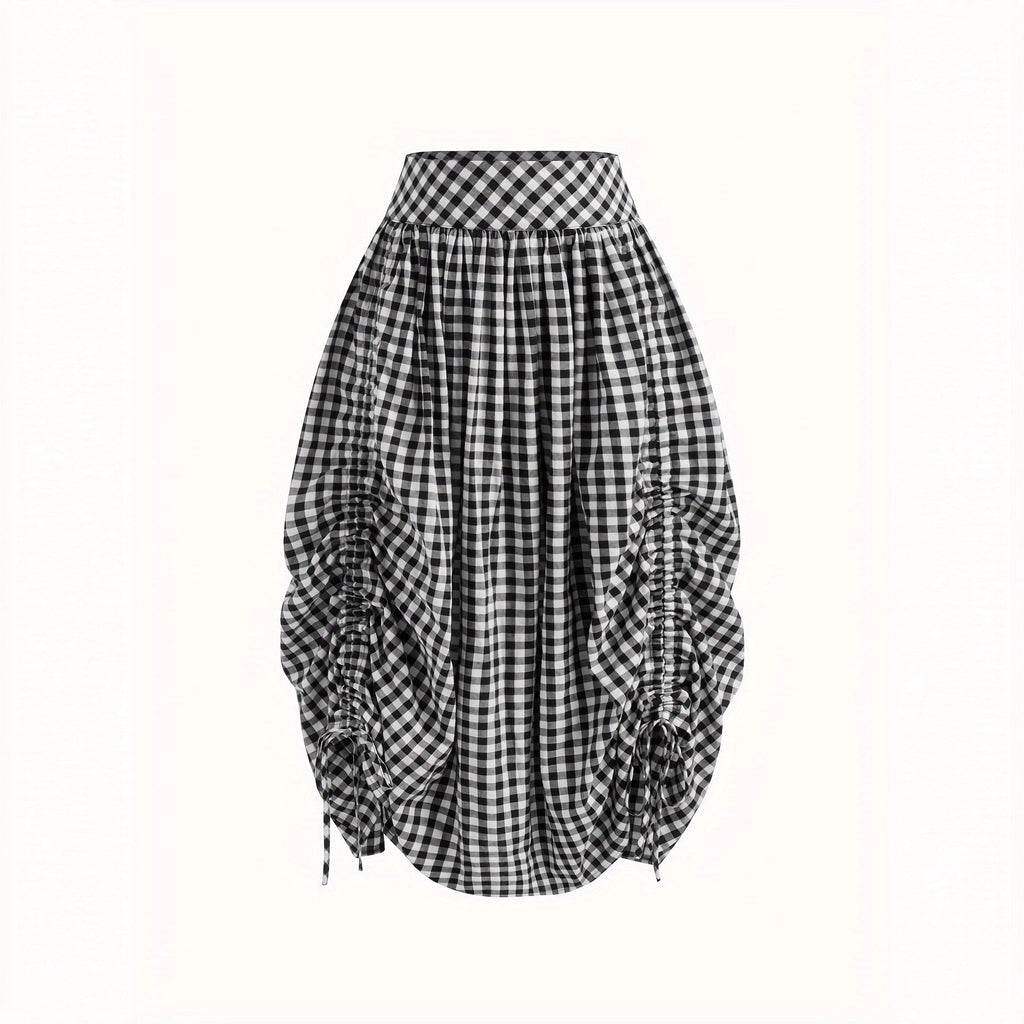 New Stylish Retro Black-and-white Plaid High-waisted Pleated Skirt With A Drawstring