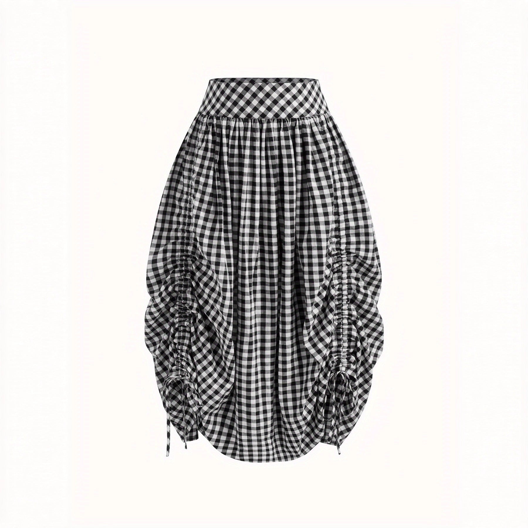 New Stylish Retro Black-and-white Plaid High-waisted Pleated Skirt With A Drawstring