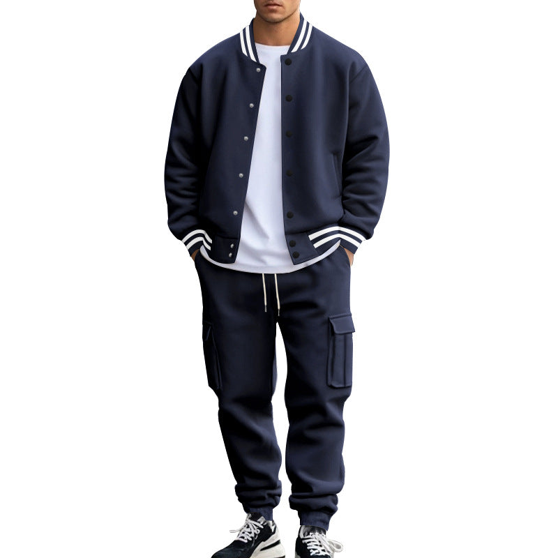 Stand Collar Baseball Uniform Trousers Fleece-lined Casual Coat Sports Suit