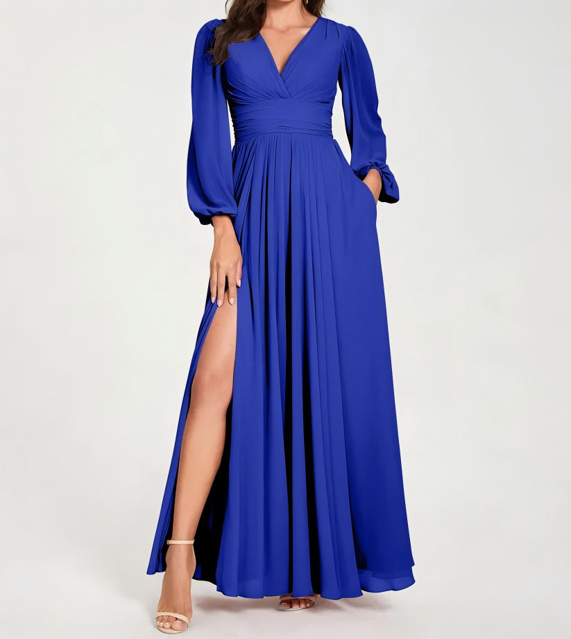 Solid Color V Neck Slit Long Sleeve Pleated Elegant Maxi Dress