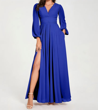 Solid Color V Neck Slit Long Sleeve Pleated Elegant Maxi Dress