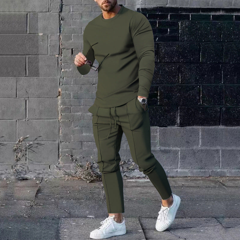 Spring Round Neck Long Sleeve T-shirt Trousers Solid Color Men's Two-piece Suit