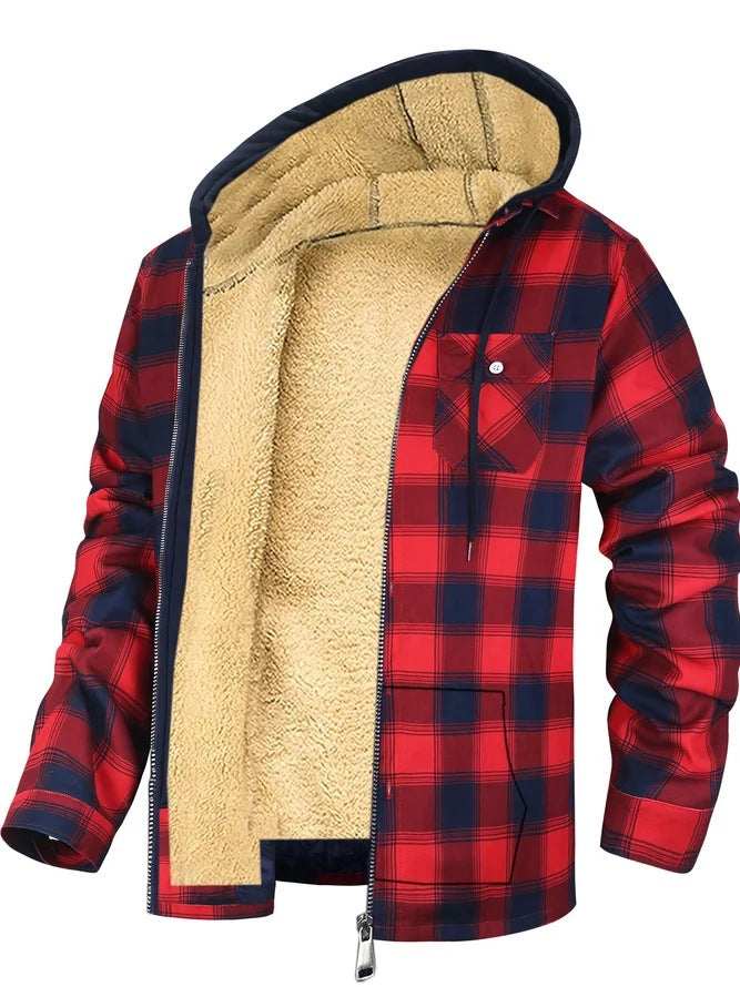 Thick Cotton Coat With Plaid Pattern Long Sleeves Loose Fit And Hood