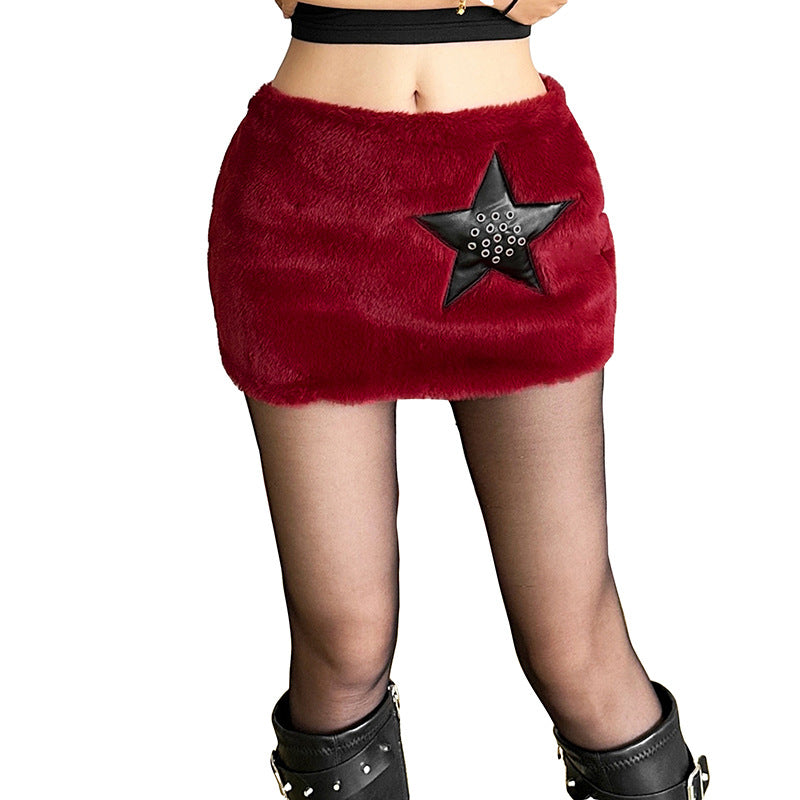 Faux Fur Mini Skirt With Pentagram Studs And Low Waist