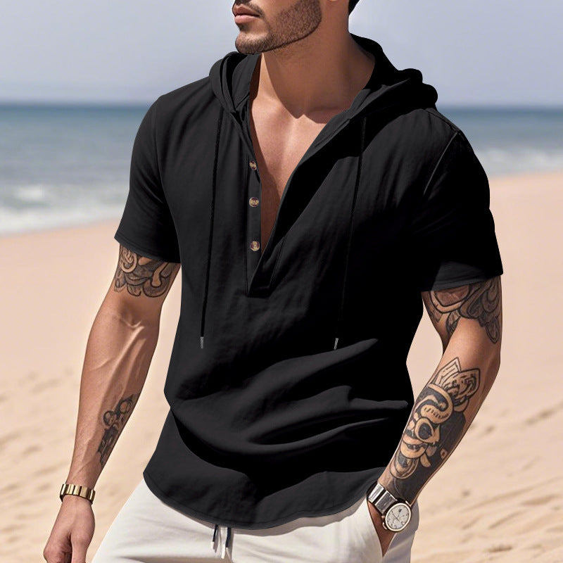 Breathable Linen Hooded Henley Shirt With Short Sleeves