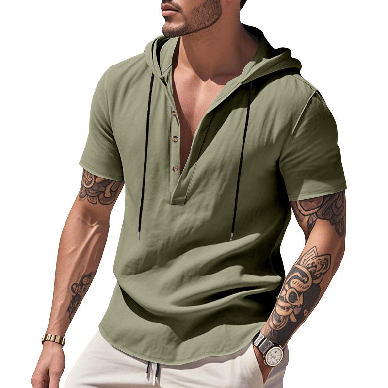 Breathable Linen Hooded Henley Shirt With Short Sleeves