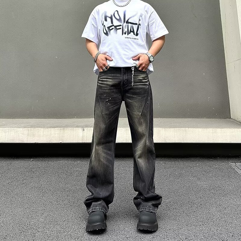 New American-style Retro High-street Black Tie-dye Straight-leg Jeans