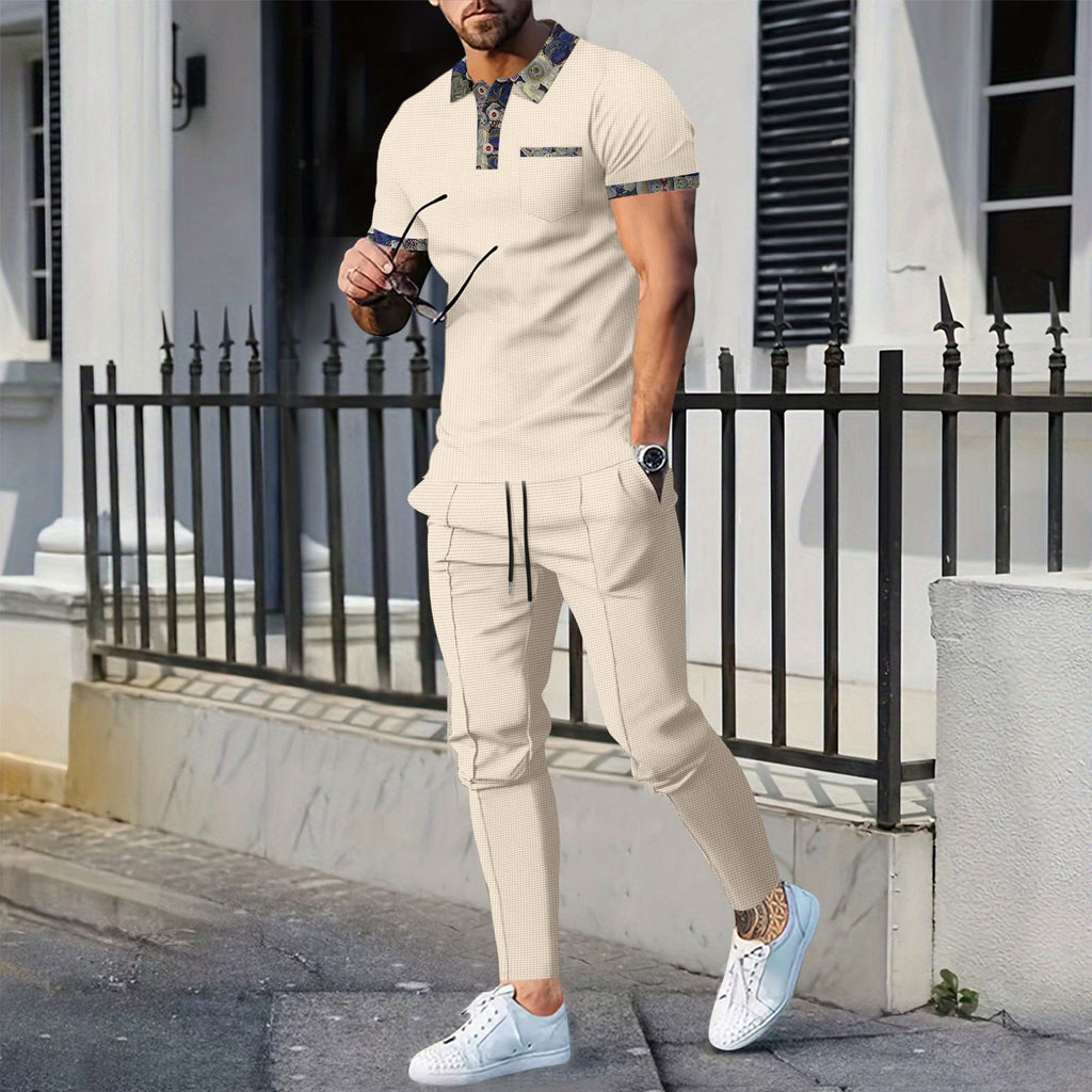 Men's Waffle Lapel Color Matching Pocket Short Sleeve Trousers Suit