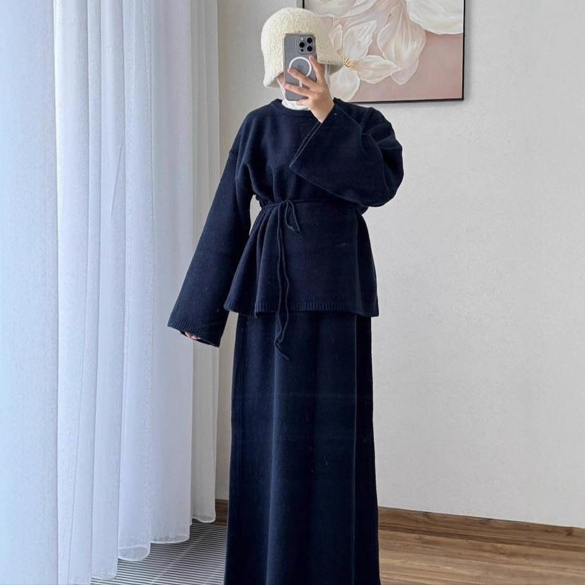 Stylish Casual Crew-neck Long-sleeve Tie-front A-line Dress In Hong Kong Style