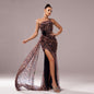 One-shoulder Diagonal Collar Leopard Sequined Evening Dress