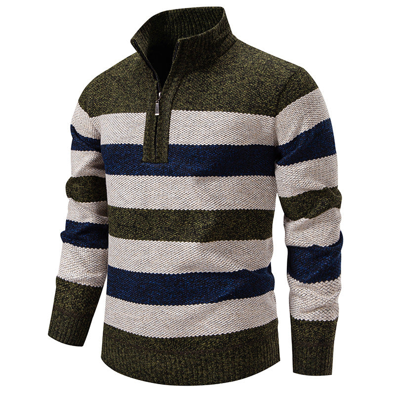 Mens Color-Block Stand-Up Collar Half-Zip Fleece-Lined Thermal Sweater