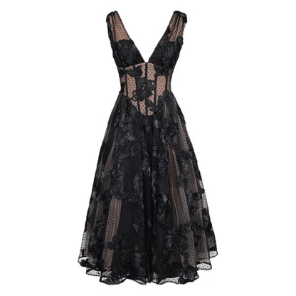 Black Deep V-neck Mesh A- Line High-end Evening Dress
