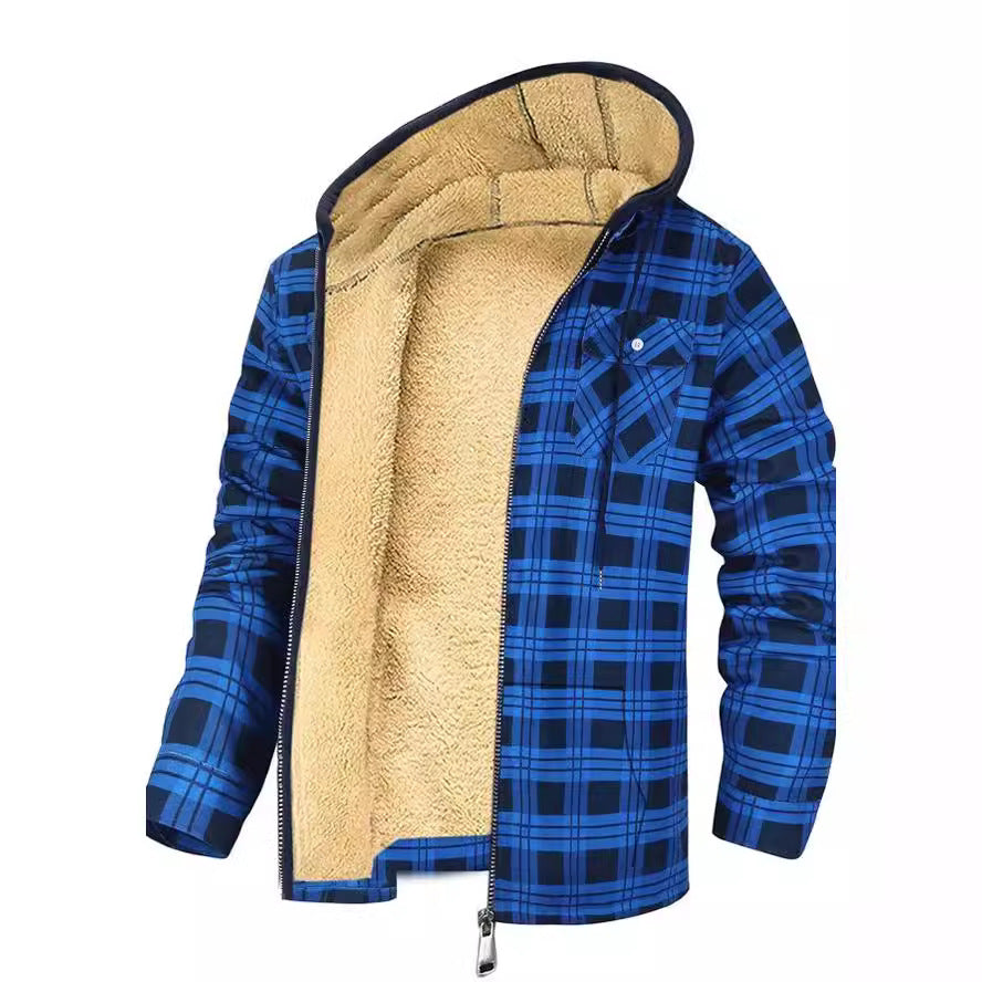 Thick Cotton Coat With Plaid Pattern Long Sleeves Loose Fit And Hood