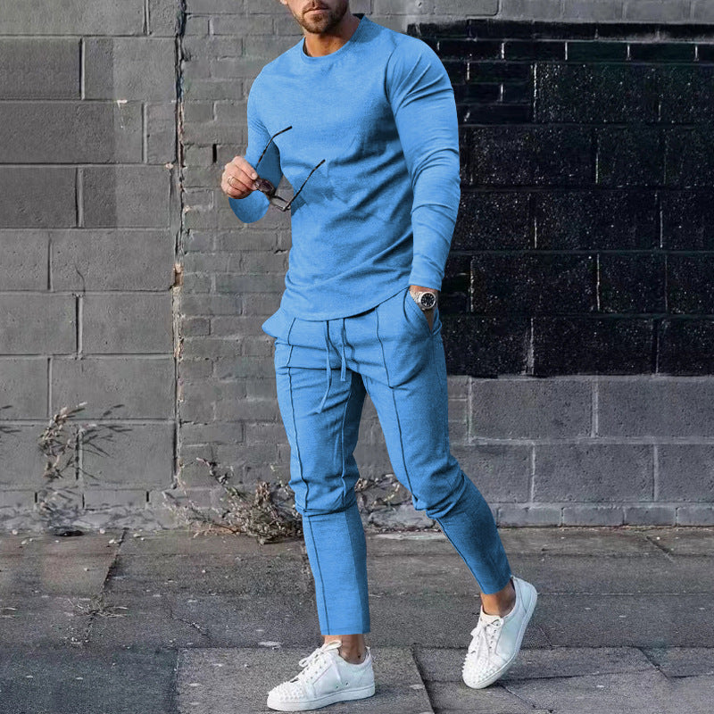 Spring Round Neck Long Sleeve T-shirt Trousers Solid Color Men's Two-piece Suit