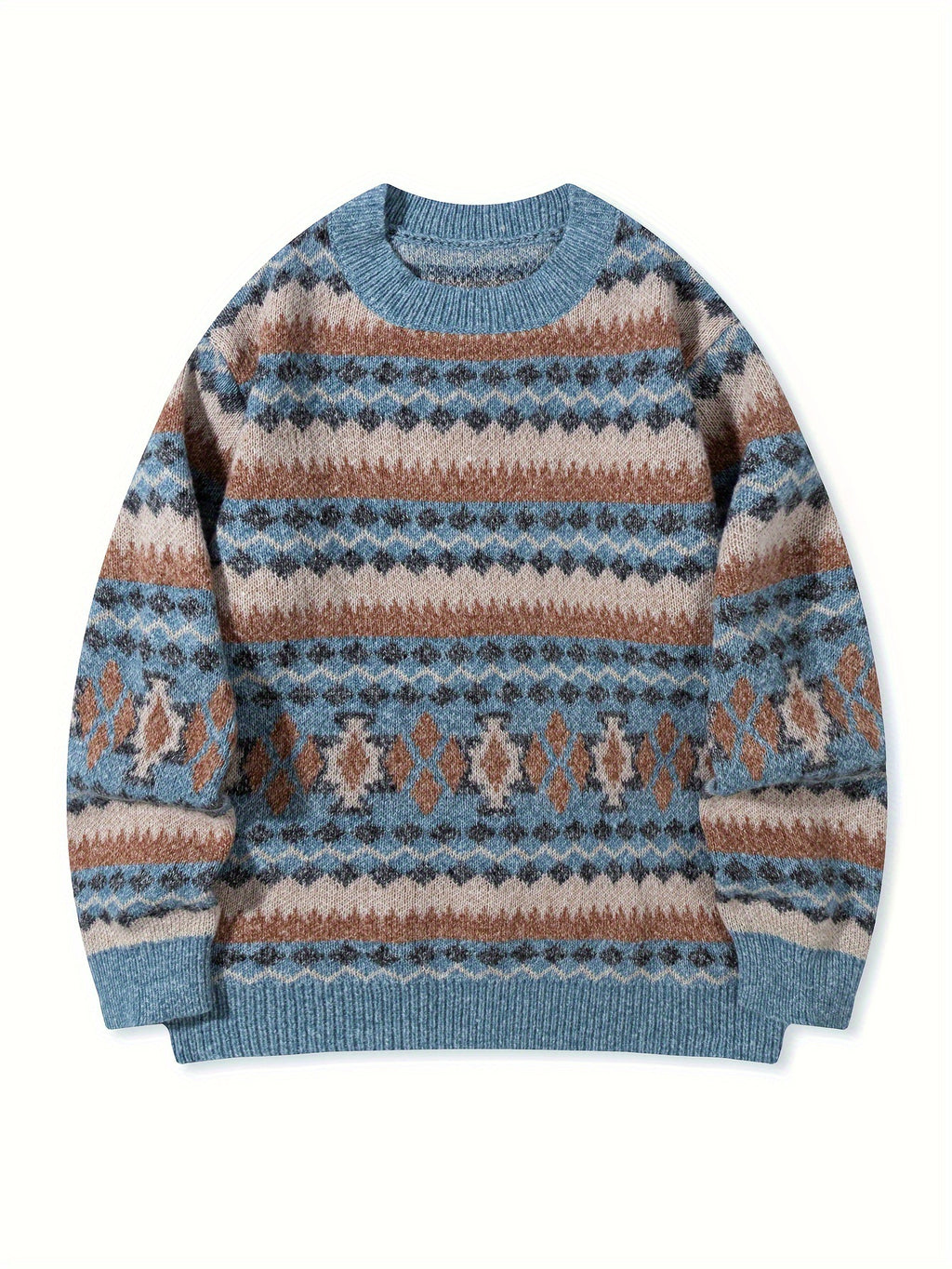 Mens Thickened Crew-Neck Pullover Sweater With Printed Design And Relaxed Fit