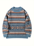 Mens Thickened Crew-Neck Pullover Sweater With Printed Design And Relaxed Fit
