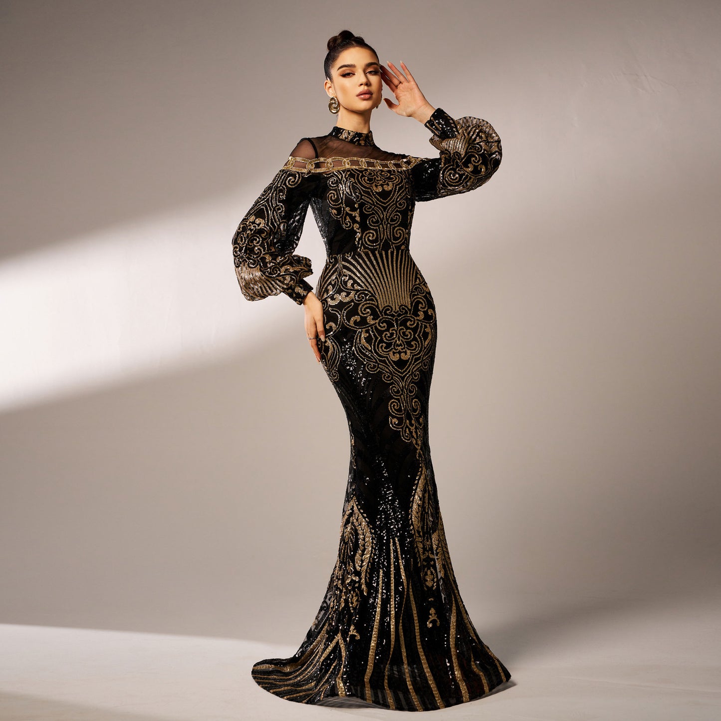 Long Sleeve Round Neck Sequins Mesh Fishtail Evening Dress