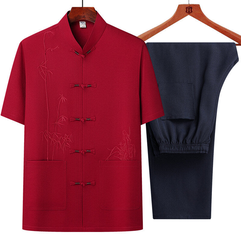 Men's Short Sleeve Chinese Style Chinese Frog Tang Suit Suit