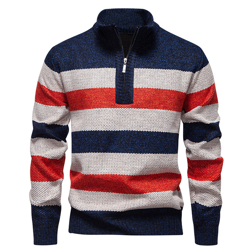 Mens Color-Block Stand-Up Collar Half-Zip Fleece-Lined Thermal Sweater